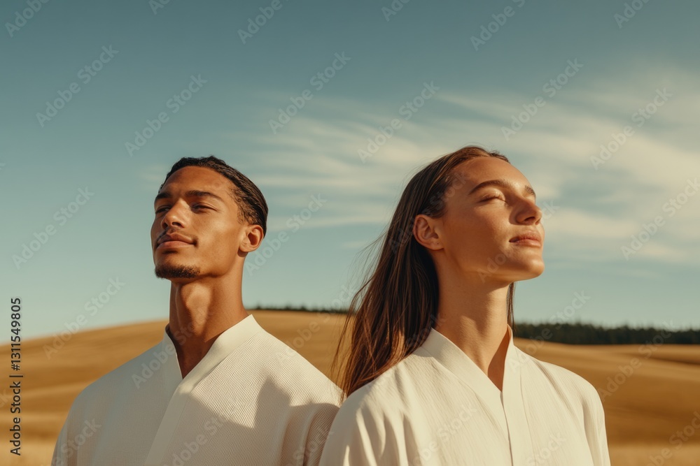 Two individuals in serene poses, basking in sunlight amidst gold Two individuals in serene poses, basking in sunlight amidst gold