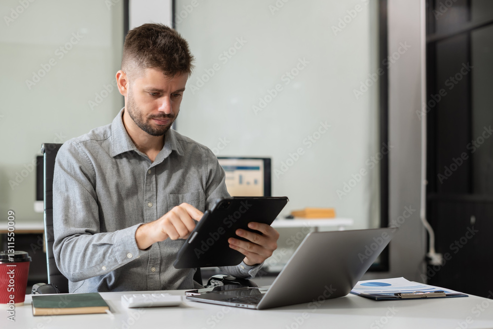 Happy man, entrepreneur, small business owner working online. Happy man, entrepreneur, small business owner working online.