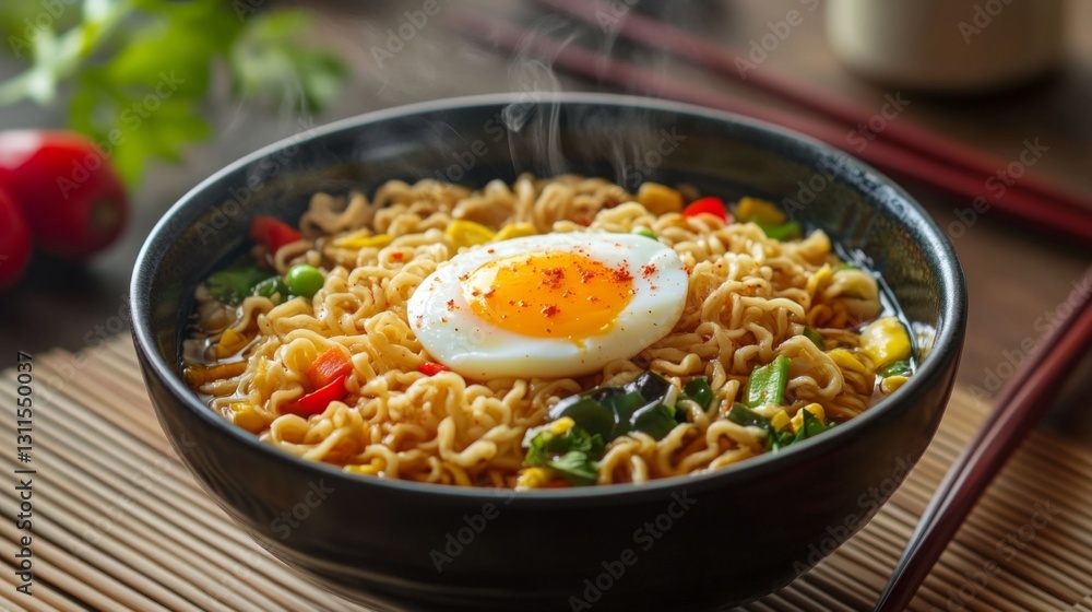 A steaming bowl of instant noodles topped with vibrant vegetables and a perfectly cooked egg, ready to be enjoyed with chopsticks resting on the side. A steaming bowl of instant noodles topped with vibrant vegetables and a perfectly cooked egg, ready to be enjoyed with chopsticks resting on the side.