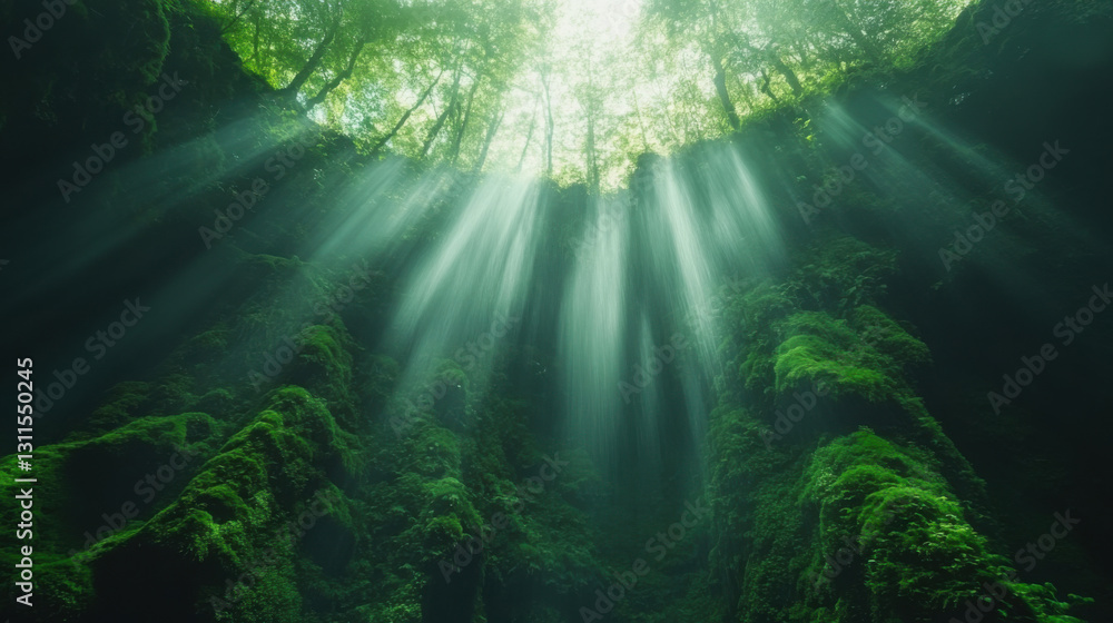 Obraz premium Green moss forest. Sunlight streams through trees. Bright light shines down. Natural serene scene. Peaceful woodland landscape.