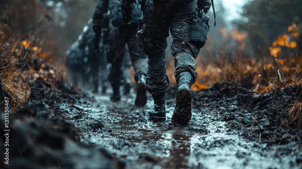 Tactical border team advances through rugged terrain with focus and determination Tactical border team advances through rugged terrain with focus and determination