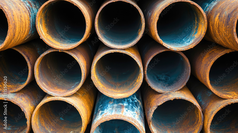 Rusty metal pipes arranged in stacked rows with weathered surfaces Rusty metal pipes arranged in stacked rows with weathered surfaces