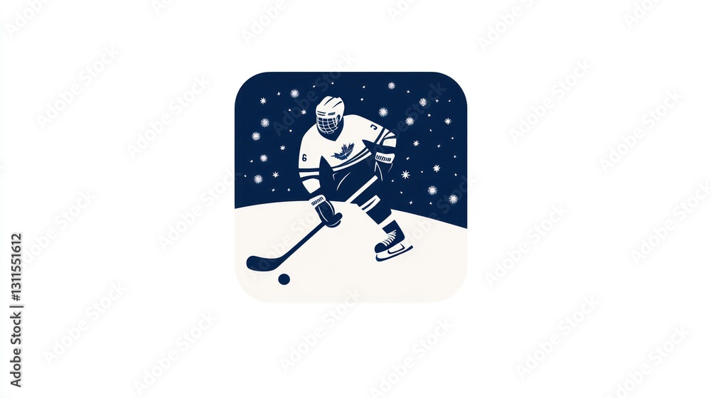 Fototapeta premium Hockey player skating on ice in snowy landscape. Illustration. Possible use for sports website or app