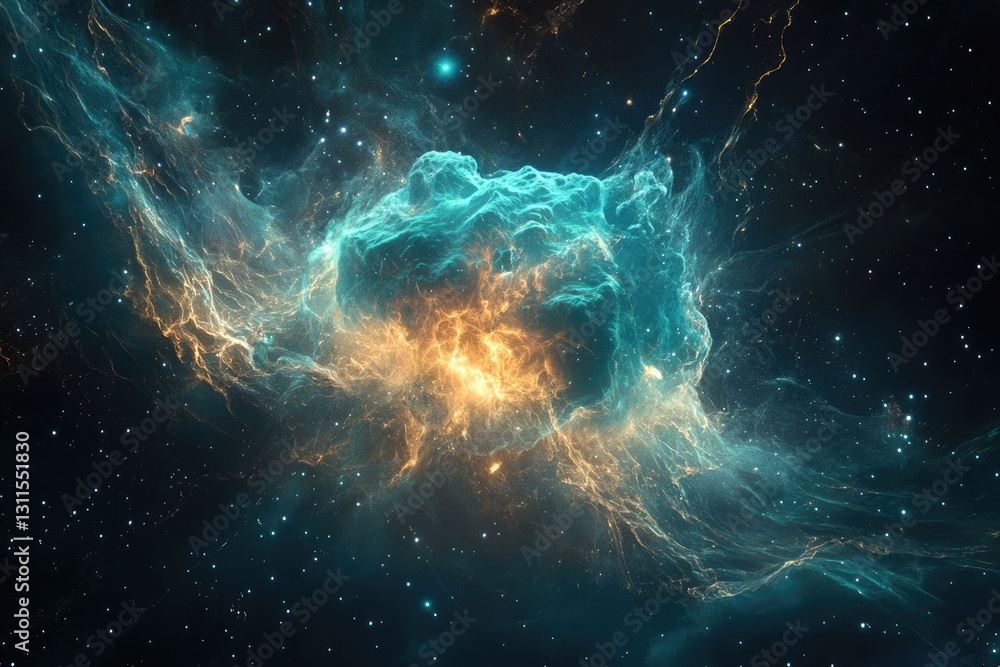 A turquoise and gold nebula with stardust in deep space A turquoise and gold nebula with stardust in deep space