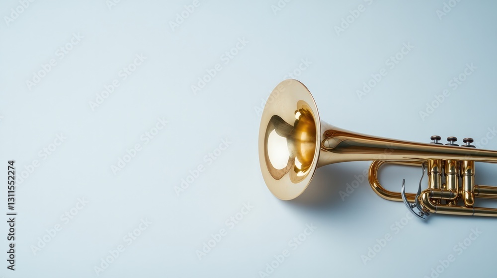 Obraz premium Shiny brass trumpet resting against soft blue backdrop, radiatin