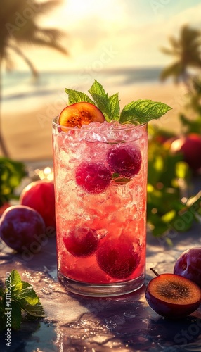plum artisan mojito cocktail in a glass on the beach