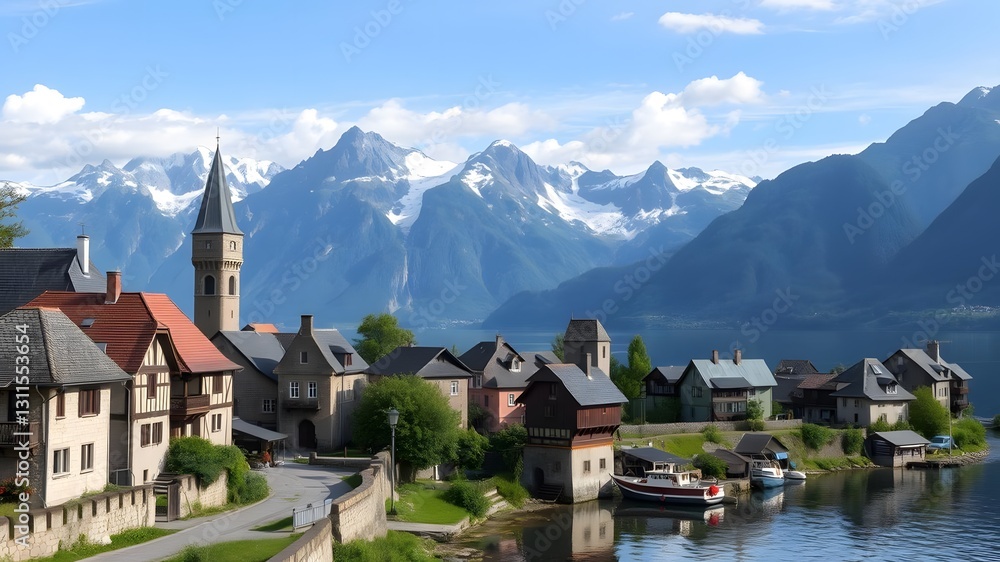 Fototapeta premium Medieval Town by a Serene Fjord with Majestic Mountain Backdrop