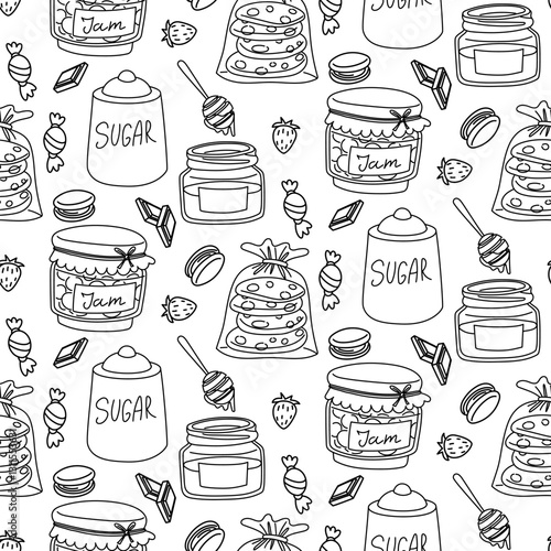 doodle-style tea party products pattern. Honey, sugar, jam, cookies, candies. It is ideal for use in packaging tea, kitchen products, cafes, culinary blogs and restaurants. Black on White