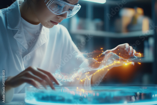 A scientist examines a DNA sample in a cutting-edge lab. The digital interface reveals a holographic family tree, with genetic sequences highlighting ancestral lineage and migration paths.