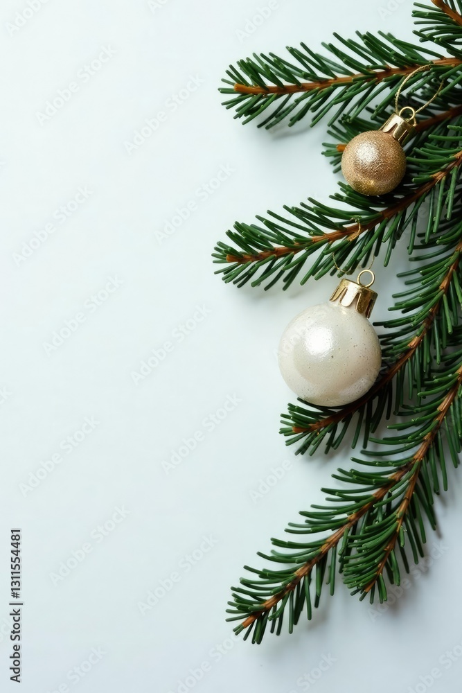 Delicate evergreen branch with sparkly ornaments on snowy white background, evergreen branch, holiday Delicate evergreen branch with sparkly ornaments on snowy white background, evergreen branch, holiday