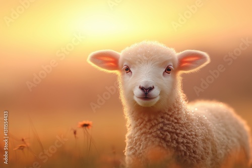 Cute lamb standing in a sunlit meadow during golden hour with dew on its fur