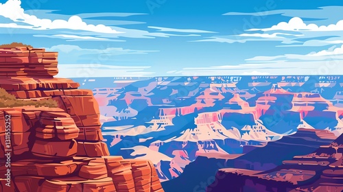A colorful, illustrated view of the Grand Canyon, with a blue sky and white clouds.