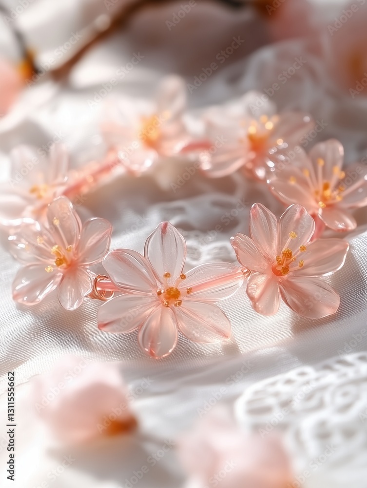 Delicate pink flower accessories arranged beautifully on soft fabric during bright daylight Delicate pink flower accessories arranged beautifully on soft fabric during bright daylight
