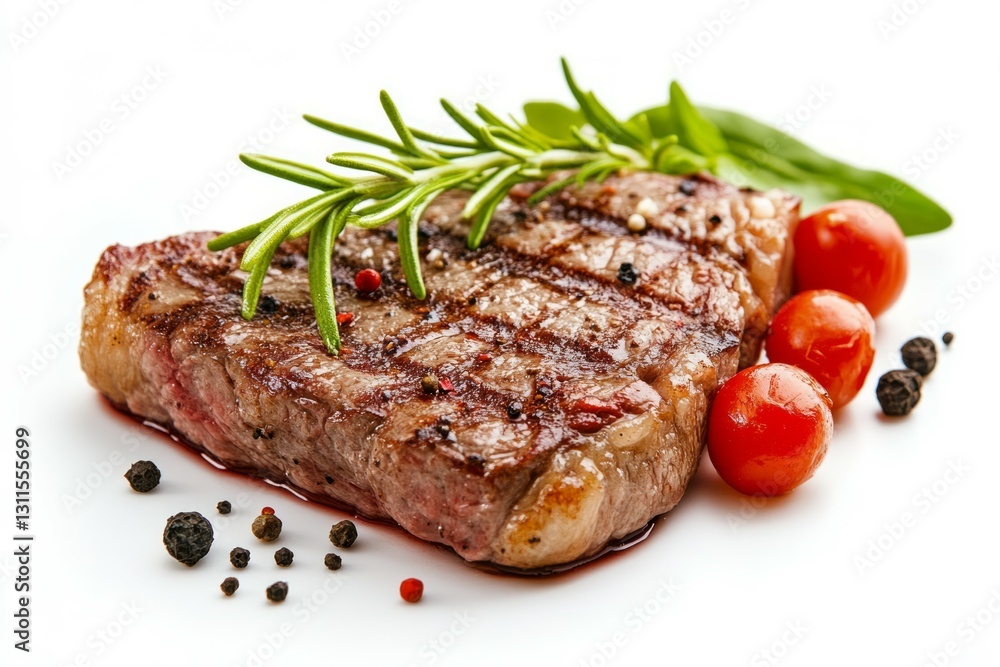 Juicy grilled steak with rosemary and peppercorns on white background. AI image Juicy grilled steak with rosemary and peppercorns on white background. AI image