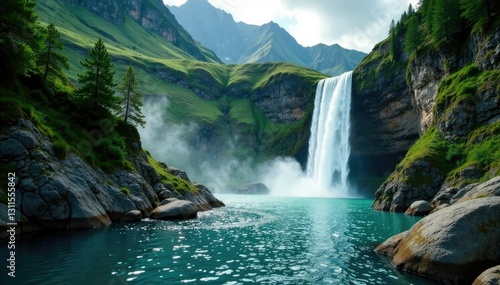 Emerald waters cascade down steep granite cliff, mountains, peaceful, rugged
