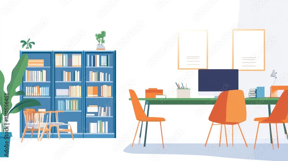 Fototapeta premium Modern home office with bookshelf, desk, and chairs