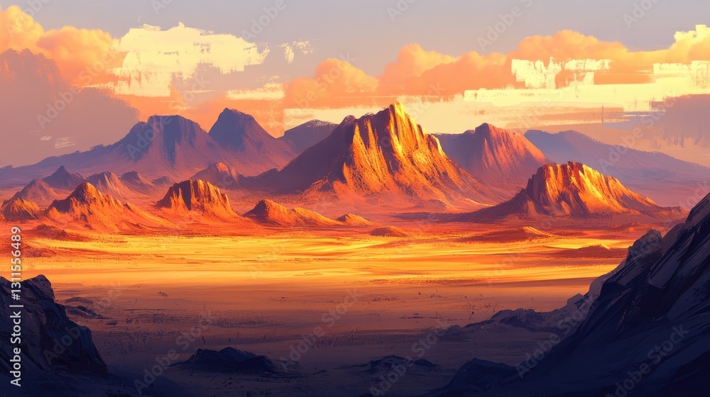 Naklejka premium Stunning Desert Landscape with Rocky Mountains and Vibrant Sunset Colors Captured in Digital Art Style