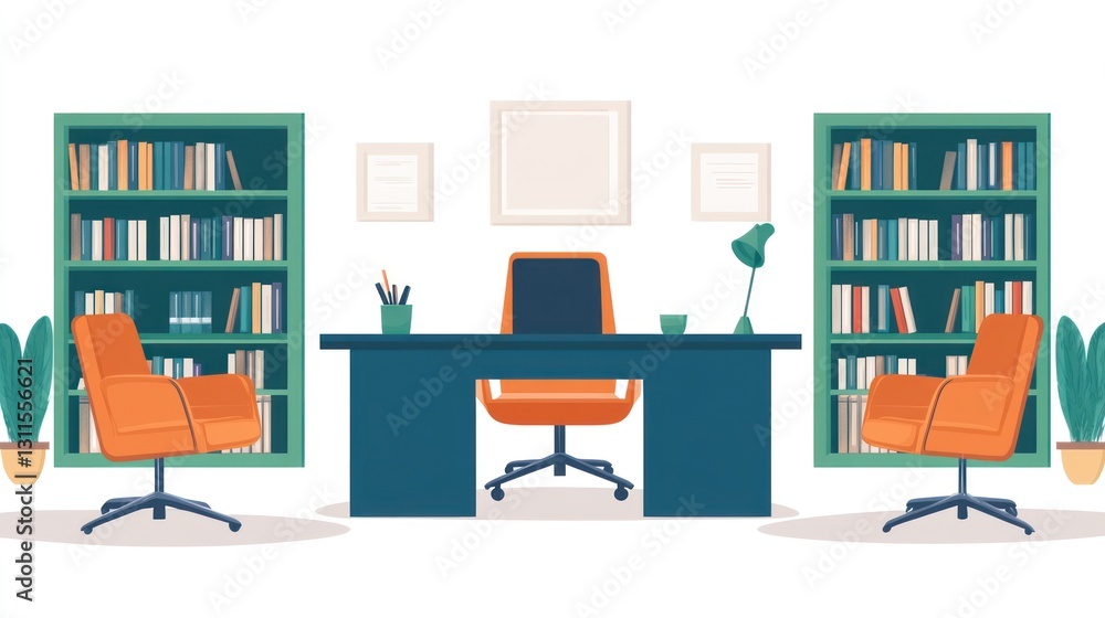 Fototapeta premium Modern office interior with bookshelves and desk. Possible use for business or education