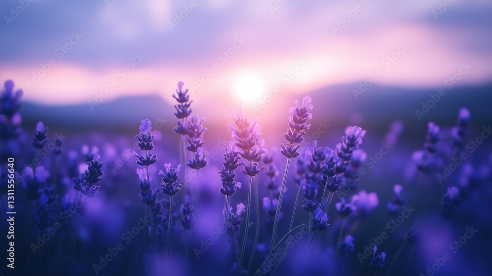 Lavender field at sunset with soft purple hues and a glowing sun in the background Lavender field at sunset with soft purple hues and a glowing sun in the background