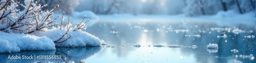 Frozen lake with isolated ice branches and snowflakes, frost, cold, snowflake