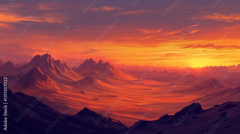 Fototapeta premium Majestic Sunset Over Mountain Range with Vibrant Colors in the Sky and Serene Landscape Below