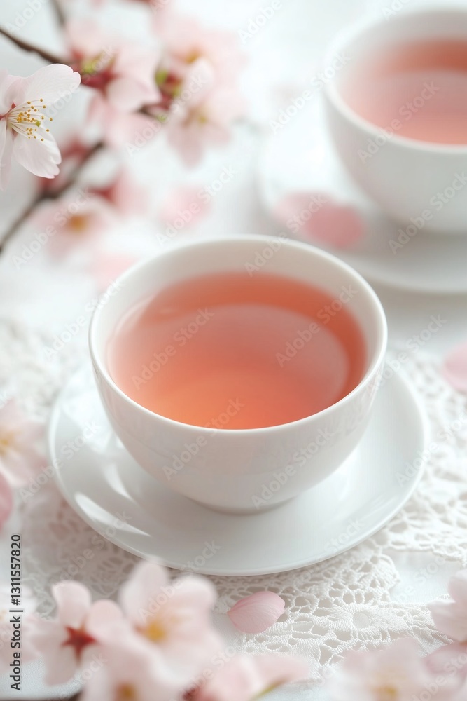 Elegant tea display surrounded by cherry blossoms in springtime setting Elegant tea display surrounded by cherry blossoms in springtime setting