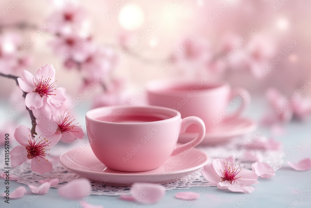 Delicate pink tea cups surrounded by cherry blossoms create a serene spring atmosphere Delicate pink tea cups surrounded by cherry blossoms create a serene spring atmosphere