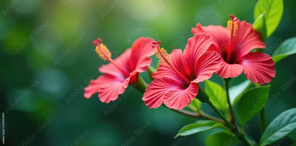 Hibiscus flowers on a stem with green foliage, green, tropical stem Hibiscus flowers on a stem with green foliage, green, tropical stem