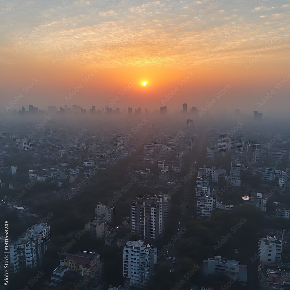 Fototapeta premium Sunrise over hazy cityscape. (1)