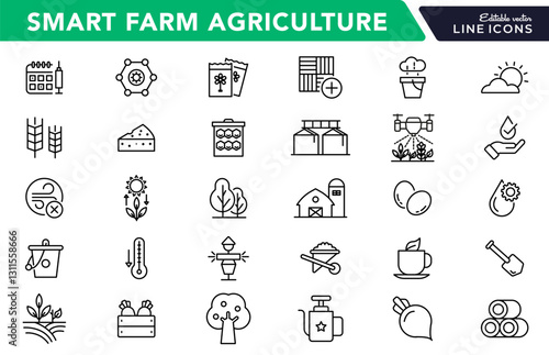 Smart farm agriculture line icon set. Farming, gardening, agriculture, digital, ideas, food, animals, seeding, plants, and harvesting icon collection. UI thin outline icon pack