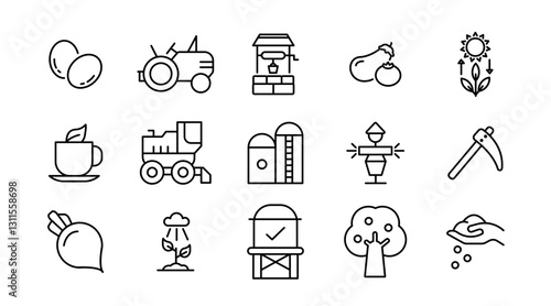 Smart farm agriculture line icon set. Farming, gardening, agriculture, digital, ideas, food, animals, seeding, plants, and harvesting icon collection. UI thin outline icon pack
