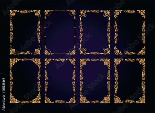 Decorative gold frames. Retro calligraphic ornamental frame, vintage golden rectangle ornaments, and ornate border. Decorative wedding frames, antique museum isolated image borders.	
