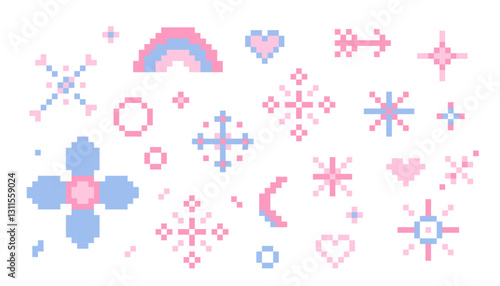 Pixel star sparkle cute retro 8 bit sparkle set. Shiny pink game pixel art effect set. Firework burst, arrow, space decoration. 90s aesthetics, y2k 