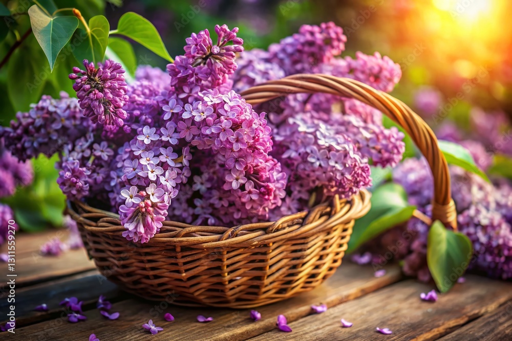 Fototapeta premium Spring Lilac Bouquet in Rustic Basket - Delicate Floral Still Life Photography