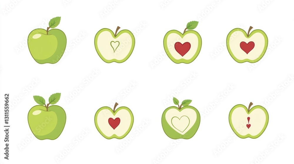 Green apple slices with hearts, healthy fruit, graphic illustration Green apple slices with hearts, healthy fruit, graphic illustration