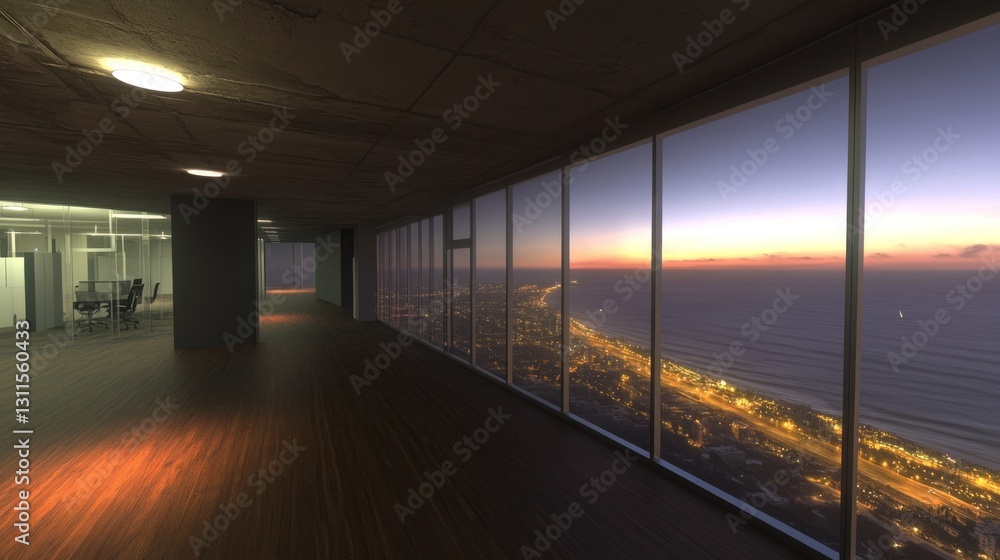 Obraz premium Modern office with panoramic sunset view.