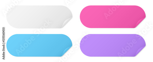Set of long rounded paper stickers. Stick in notes. White, pink, blue and purple colors. Multicolor post it notes. Sheets of paper. Tag, sticky note	