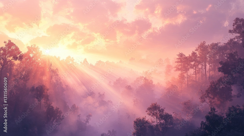 Naklejka premium Serene Sunrise Over Misty Forest Landscape with Soft Light and Colorful Sky at Dawn