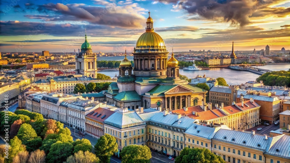 Fototapeta premium St. Isaac's Cathedral Majestic View over Saint Petersburg rooftops and Moika River