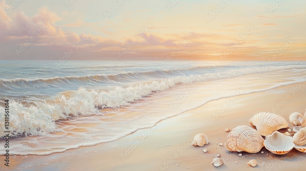 Serene Sunset Over Calm Waves with Shells on Tranquil Beach Shoreline Serene Sunset Over Calm Waves with Shells on Tranquil Beach Shoreline
