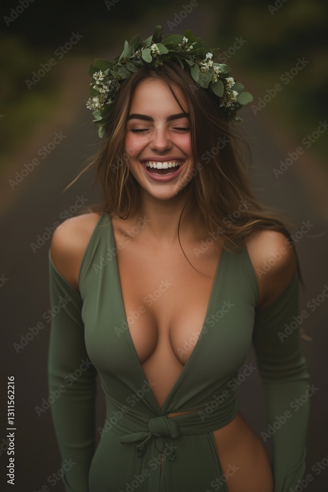 Fototapeta premium Joyful woman laughing while wearing a green dress and floral crown on a peaceful country road during golden hour