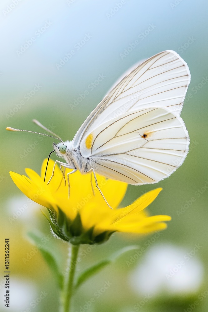 Butterfly perched delicately on a bright yellow flower in a vibrant garden setting during sunny daytime Butterfly perched delicately on a bright yellow flower in a vibrant garden setting during sunny daytime