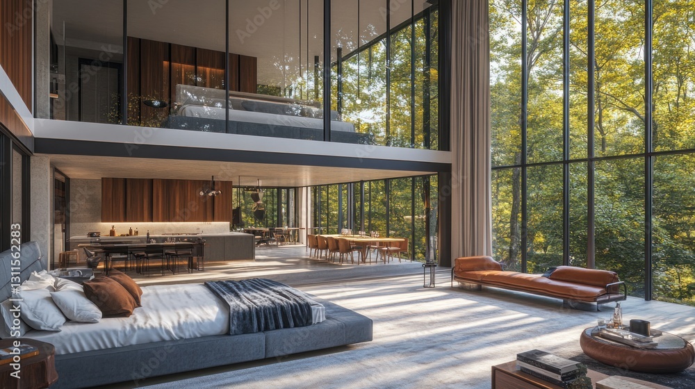 Fototapeta premium Modern open-plan home with double-height windows overlooking forest.