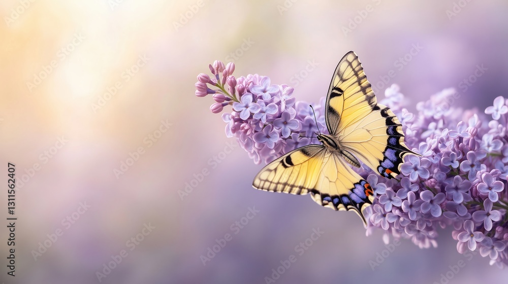 Naklejka premium Beautiful butterfly resting on blooming lilac flowers during golden hour in a tranquil garden setting