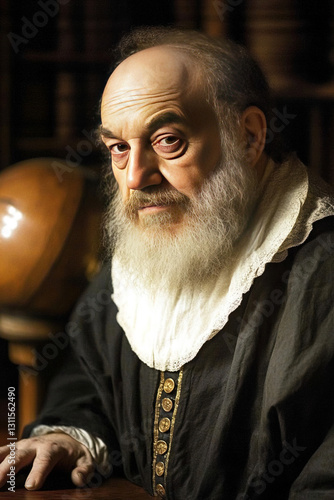 Portrait of Galileo Galilei shows deep thought and contemplation in a historical setting