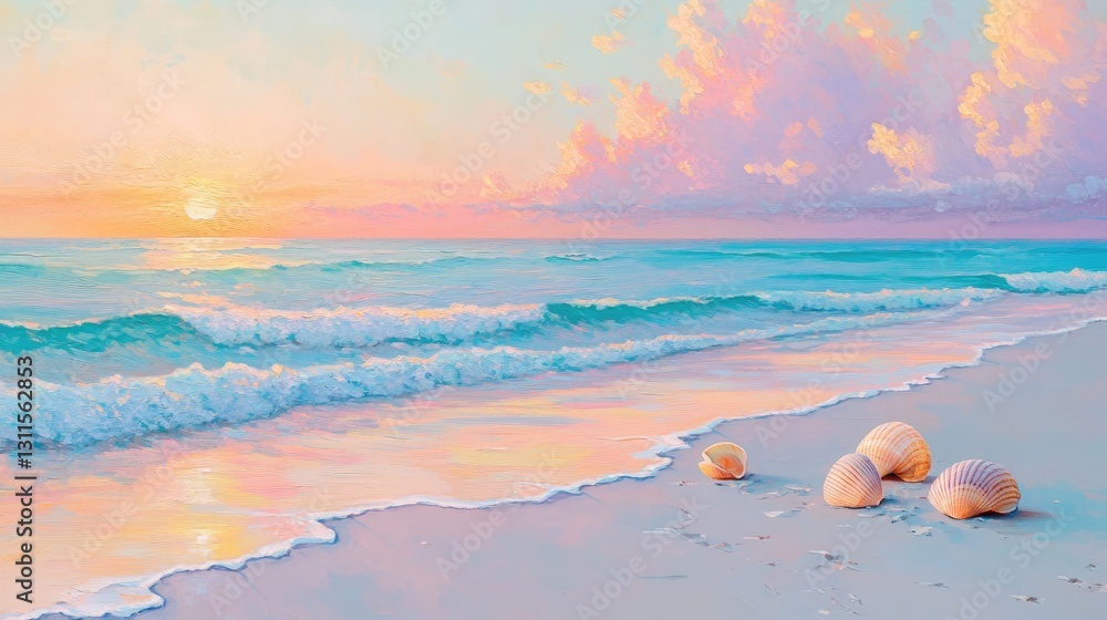 Serene Sunset Over Tranquil Beach with Shells on Shore and Gentle Waves Lapping at Golden Sand Serene Sunset Over Tranquil Beach with Shells on Shore and Gentle Waves Lapping at Golden Sand