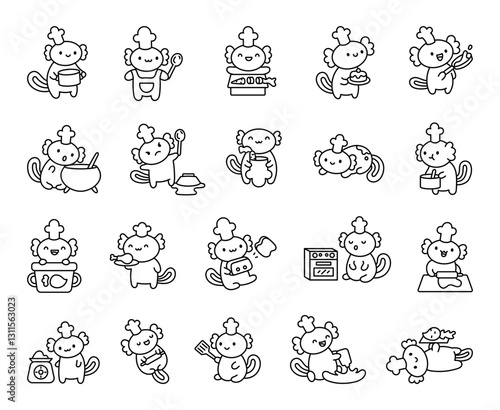 Adorable axolotl chef hat wearing cooking delicious meals in a cute kawaii cartoon style using various kitchen utensils and ingredients for baking and food preparation