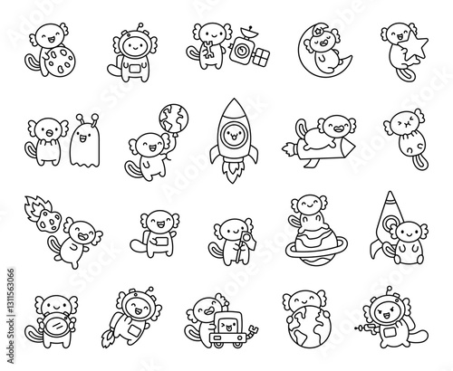 Axolotl space set with adorable astronauts exploring the cosmos, floating on planets, meeting aliens, discovering satellites, and holding stars in a charming intergalactic adventure