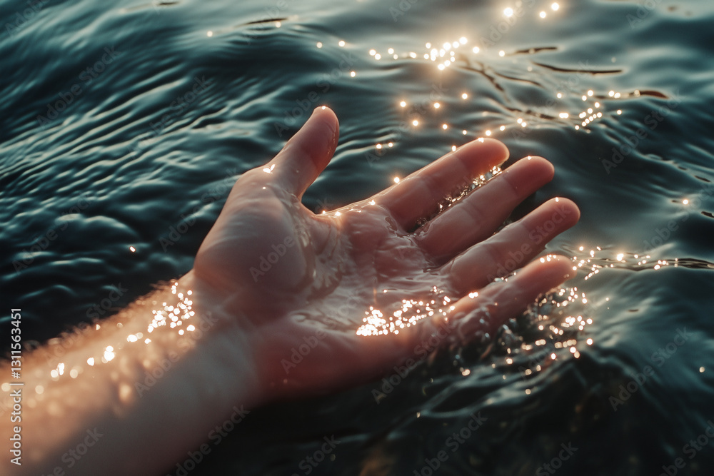 Fototapeta premium Hand reaching into ocean water with sunlight glare