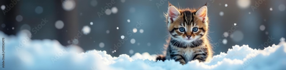 Snowflakes gently falling around a British Kitten, winter scene, snowflake Snowflakes gently falling around a British Kitten, winter scene, snowflake